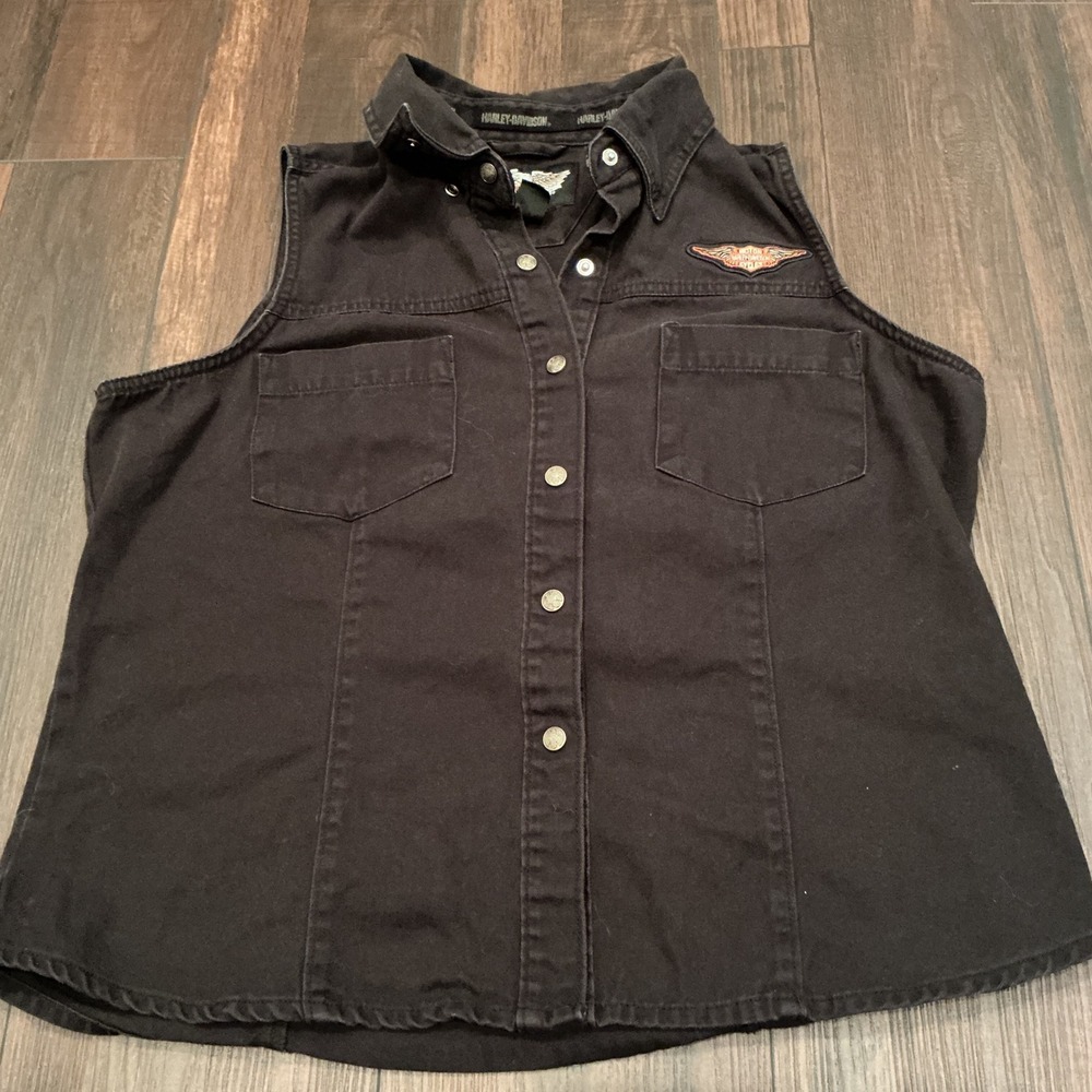 Harley-Davidson Biker Sleeveless Denim Shirt Black Snap Front Logo Vest Large